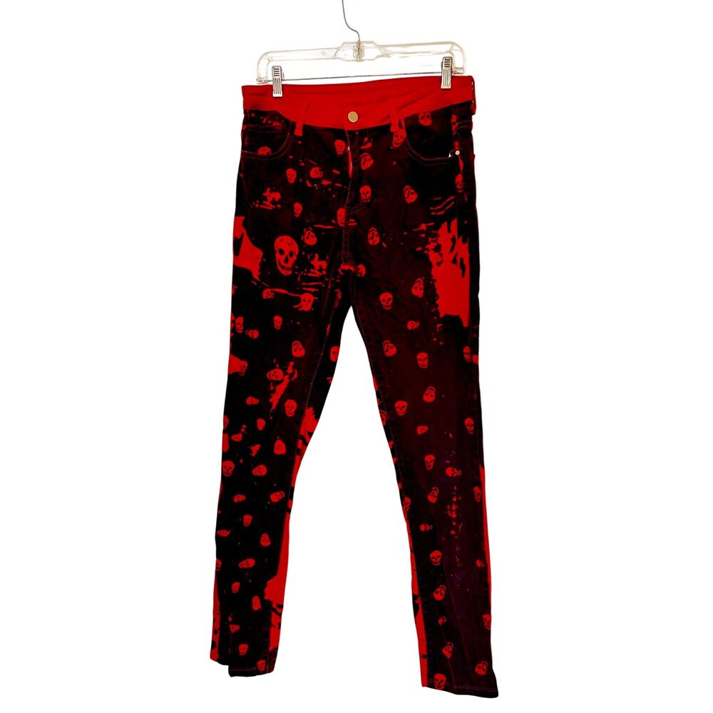 Punk Emo Alternative Rebel Mens Skull Printed Red & Black Jeans Size 32x31